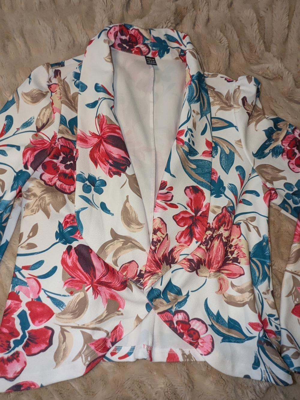 SHEIN White Cropped Floral Blazer Jacket - Pink & Teal Accents